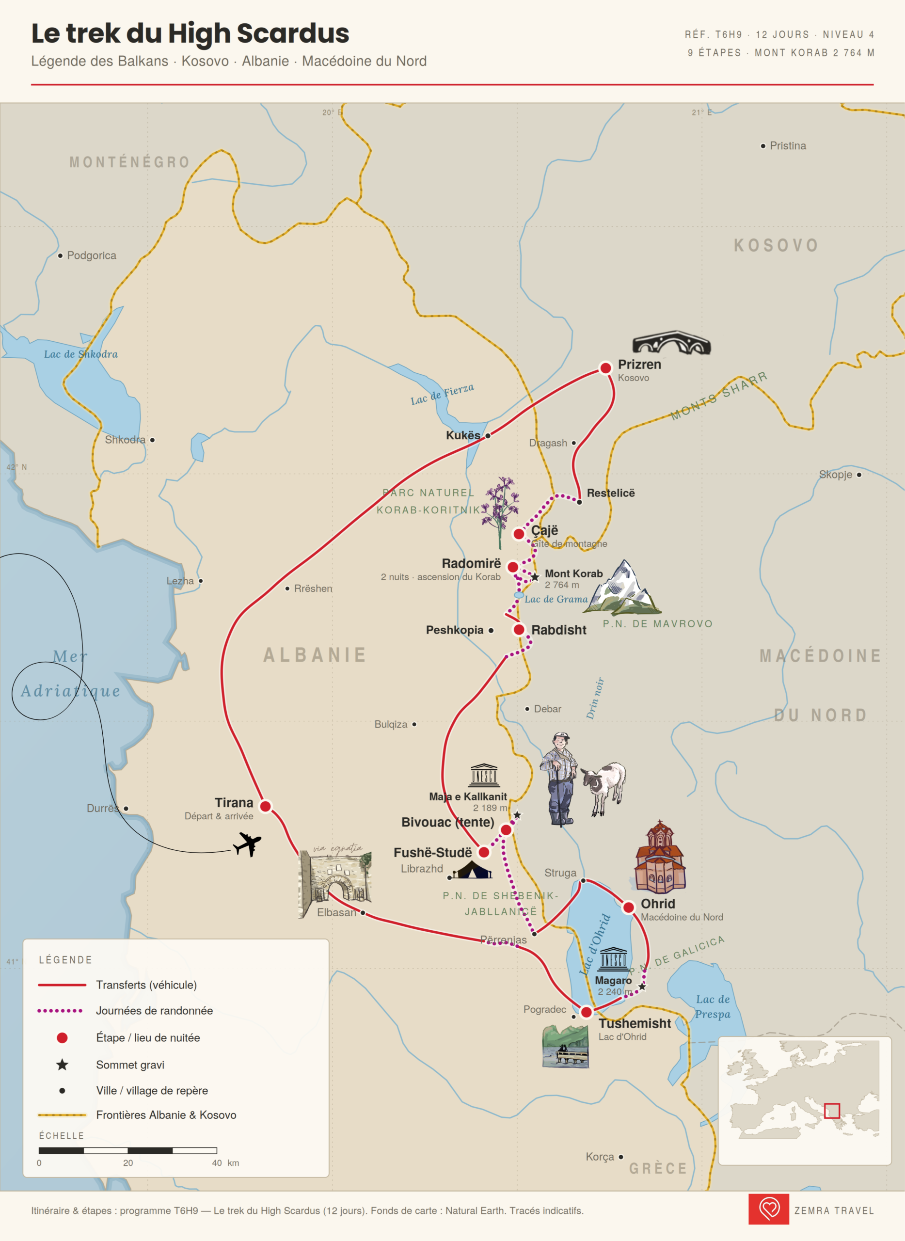 Map of the High Scardus trek route across Albania, Kosovo and North Macedonia, with stages, transfers and summits marked