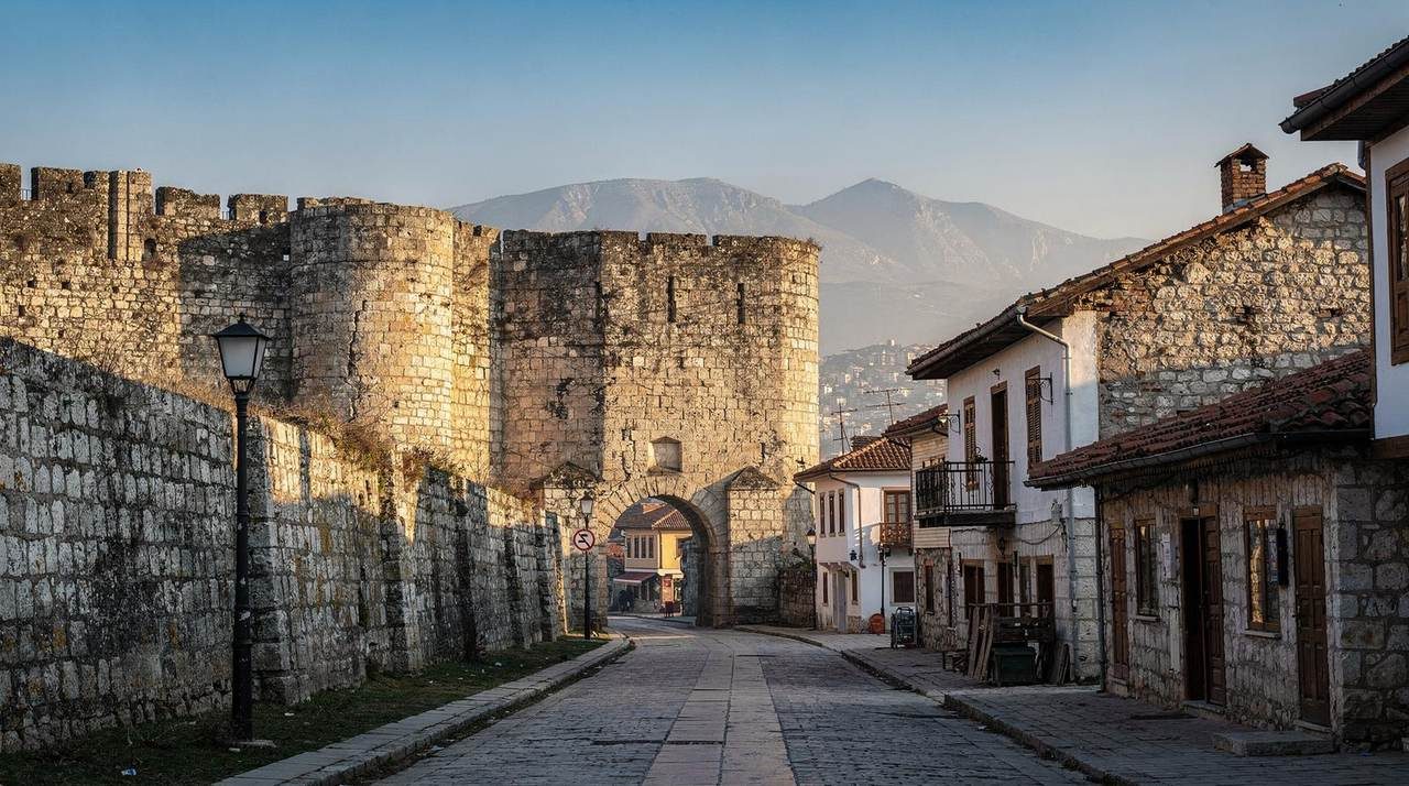 The old castle gate and stone walls of Elbasan at golden hour