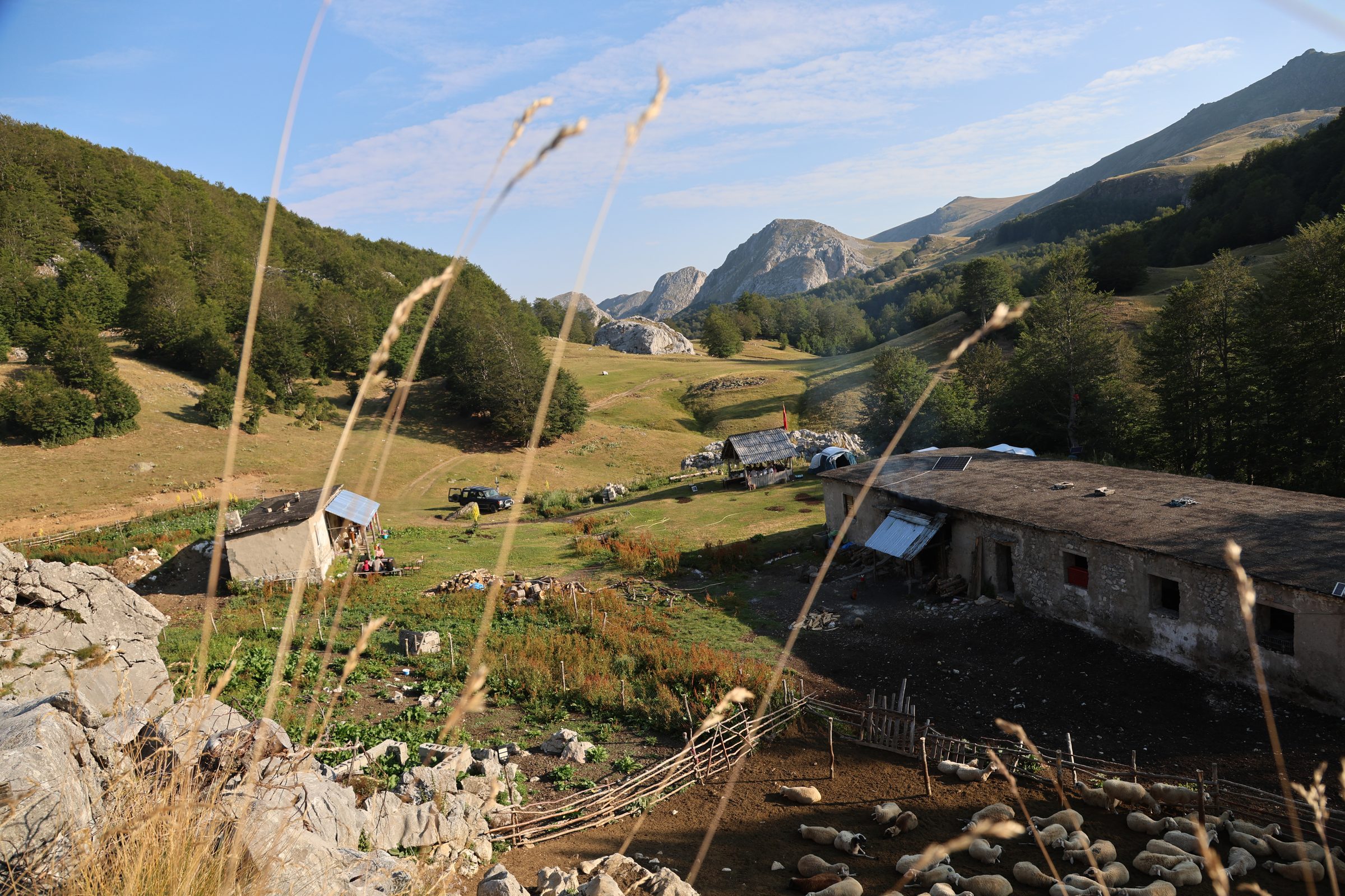 A stone shepherd's farmstead near Qarrishte, with a sheep pen and vegetable garden