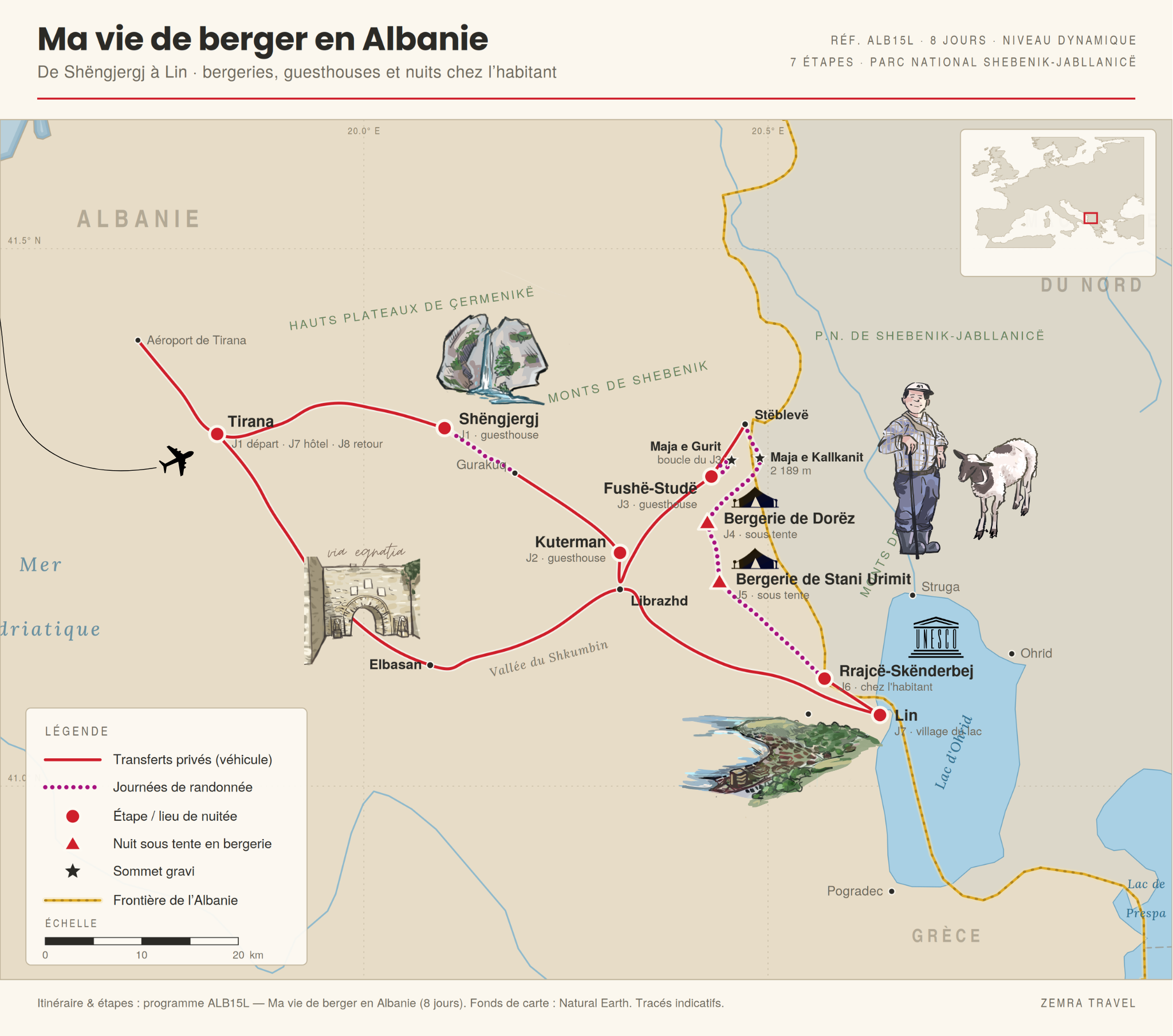 Map of the Shepherd's Life in Albania trek, from Shëngjergj through the Shebenik-Jabllanicë massif to Lin on Lake Ohrid